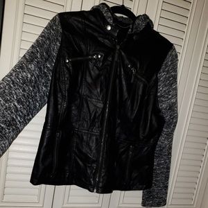 Black leather jacket with gray sleeves